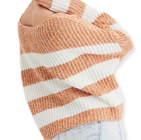 Sweater Apricot White Striped Ribbed Knit Rugby Sweater  Women's Relax Fit Large -Wild Time Fashion