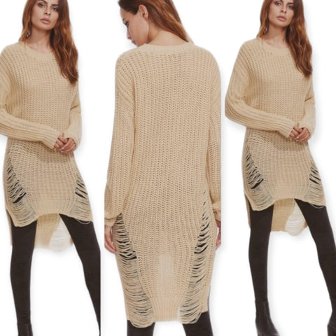 Women's Round Ribbed Neck Long Sleeve Knitted Lightweight Distressed Sweater Dress - Large - Wild Time Fashion