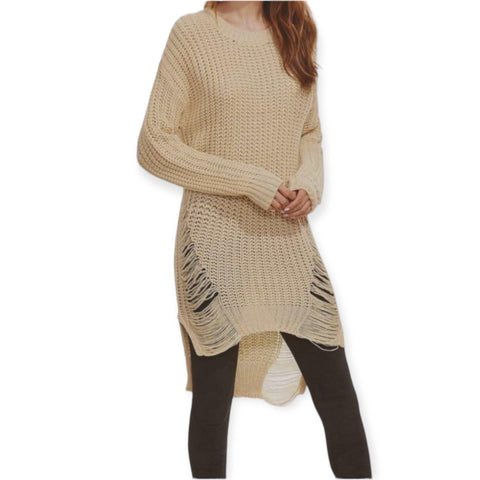 Tan Distressed Sweater Dress- Wild Time Fashion