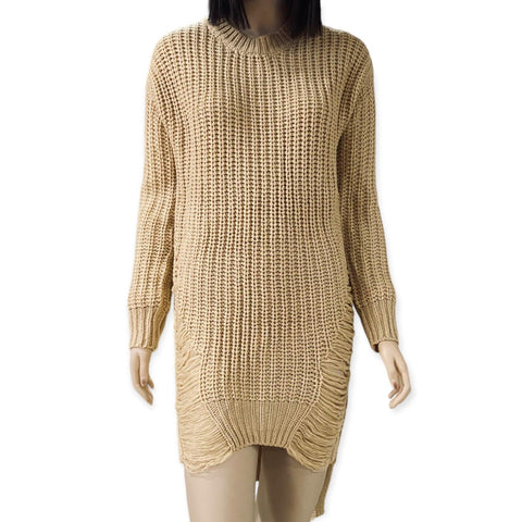 Women's Round Ribbed Neck Long Sleeve Knitted Lightweight Distressed Sweater Dress - Large - Wild Time Fashion