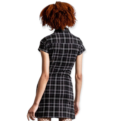 Square Neck Short Sleeve Plaid Body Harness Fitted Mini DressBlack Academia Tartan Short Sleeve Fitted Mini Dress Harness Straps - Wild Time Fashion