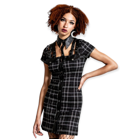 Black Academia Tartan Short Sleeve Fitted Mini Dress Harness Straps - Wild Time Fashion