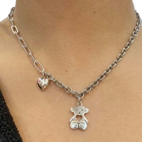 Open Heart Charming Teddy Bear Sterling Silver Necklace 