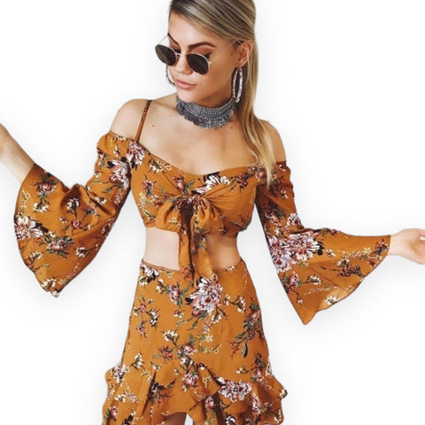Two-Piece Floral Strap Crop Top Long Sleeve &  Mini Skirt Summer Set