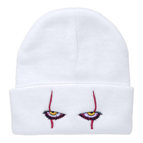 White Rib Knit  Beanie with Embroidery Scary Red Eye Graphic Fitted Cuffed Beanie Cap Headwear- 14-22"- Wild Time Fashion