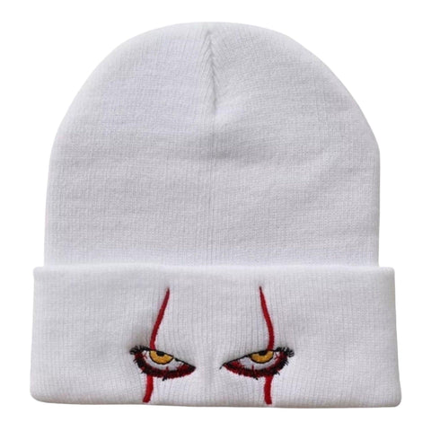 White Rib Knit  Beanie with Embroidery Scary Red Eye Graphic Fitted Cuffed Beanie Cap Headwear- 14-22"- Wild Time Fashion