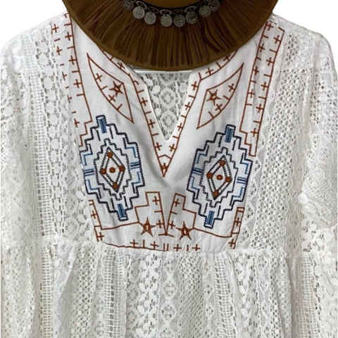Women's White Lace V Neck Long Sleeve Boho-Western Summer Beach Dress, Midi Kaftan, Caftan - Small to Large  - Wild Time Fashion