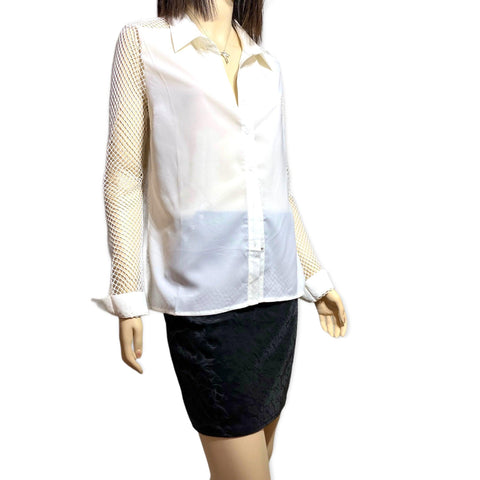 White Button Down Fishnet Long Sleeve Shirt - Wild Time Fashion