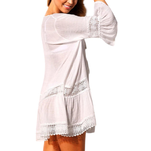 Women's White V Neck Tassel Tie Crochet Bell Sleeve Tunic Above Knee  Beach Dress, Caftan - Small or Medium - Wild Time Fashion