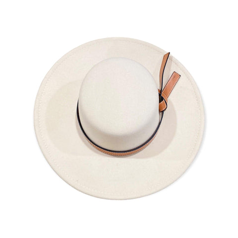 Beige Round Flat Crown Wide Brim Fedora Hat- Wild Time Fashion