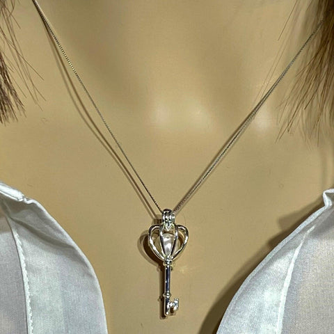 Women's 925 Sterling Silver Open Crown Skeleton Key Necklace Faux Pearl GLOW In Dark - 23.5" -Wild Time Fashion