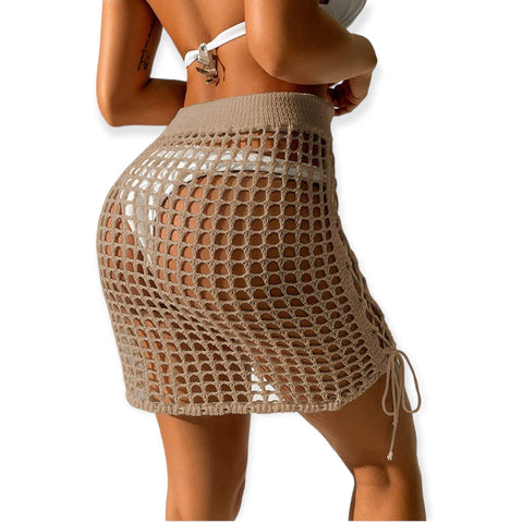 Women's Tan Crochet Lace Up Mini Skirt, Swimwear Summer Hollow Out, Cover Up  - Wild Time Fashion