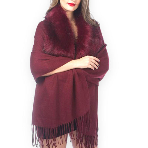 Rich Red Fur Collar Open Front Tassel Hem Knit Cape -One Size Fits Most - Wild Time Fashion