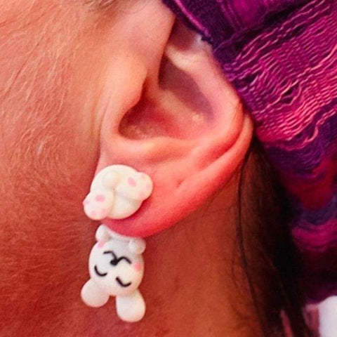 White Bunny Rabbit Pink Cheeks, Paws, Clay  Cartoon Cute Anime Post Earrings -OS - Wild Time Fashion