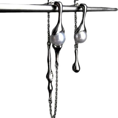 Women's Silver Simulated Pearls Asymmetrical Dangling Earrings -2-3"- Wild Time Fashion
