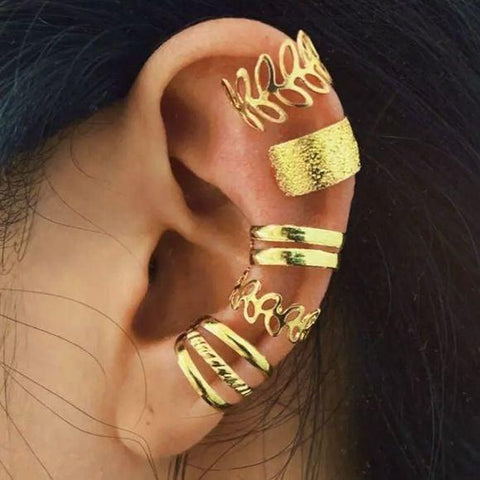 Gold Multi Designed Ear Cuffs Adjustable Ear Crawlers Earrings - Wild Time Fashion 