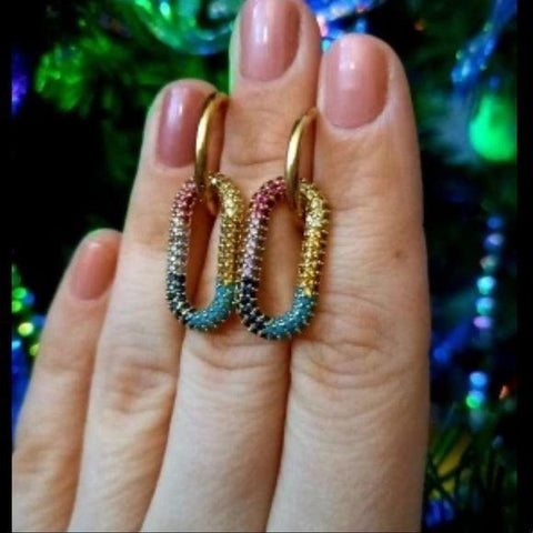 Women's  Gold Hoops Oval Colorful Dangling Earrings - 1.75" L - Wild Time Fashion