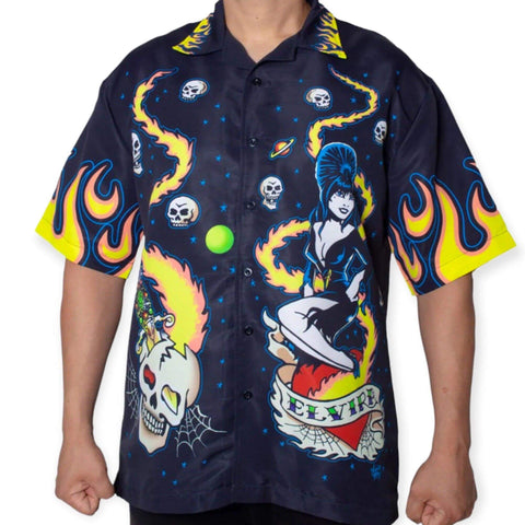 Officially licensed Elvira tattoo button up shirt with Vince Ray artwork, multicolor all-over sublimation print, skulls flames daggers, short sleeves XXL