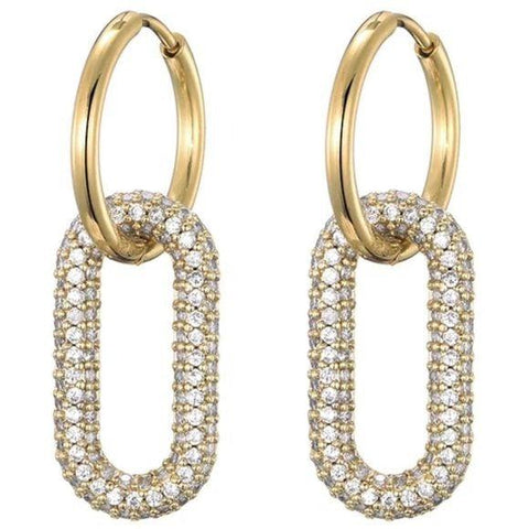 gold hoop crystal link drop earrings front view