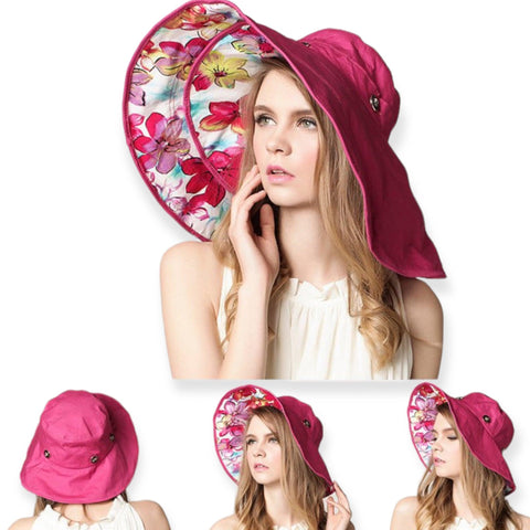 Women's Pretty Pink Floral Wide Brim Reversible Fabric 2 in 1 Panama Hat or Shorter Bucket Hat Pink Floral Foldable Summer Shade Hat! - Size 7 1/8" - Wild Time Fashion