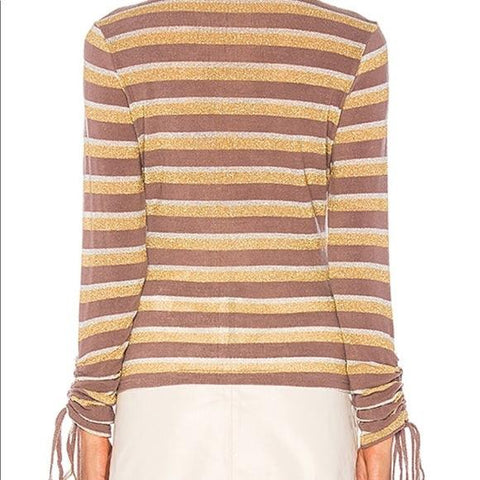 Metallic Mock Neck Striped Ruched Long Sleeve Top