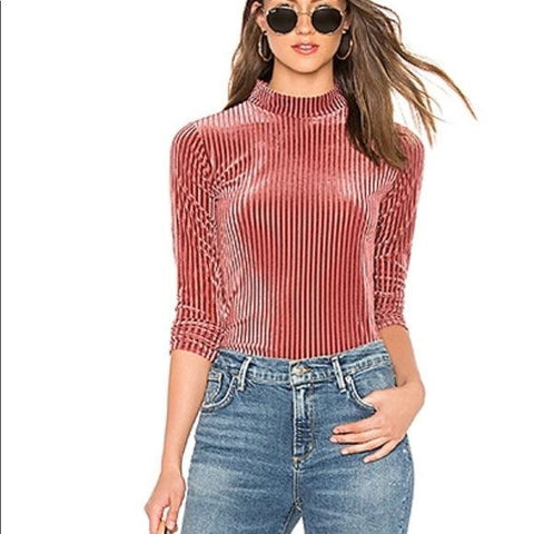 Dusty rose mock neck long sleeve rib knit top with mesh contrast and velvet texture, fitted lightweight women's blouse made in USA.