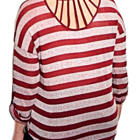 Burgundy Striped Lightweight Knit Pullover Webbed Backside - Plus Size Top