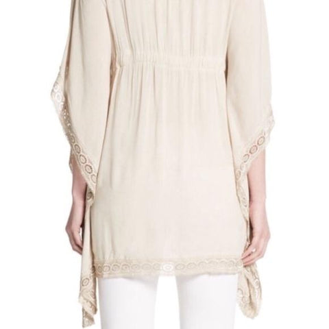 V neckline butterfly sleeve drawstring waist crocheted cream colored blouse saks & 5th Avenue Blouse  Medium 