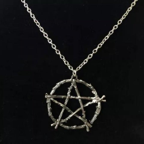 Silver Long Antique Pentagram Necklace 24"