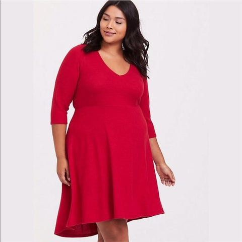 Red Skater Dress Plus Size Plush Fit Flare Midi Dress