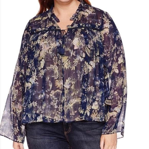 Blue floral v neck long sleeve plus size blouse with ruffle collar and tassel tie in boho multicolor print