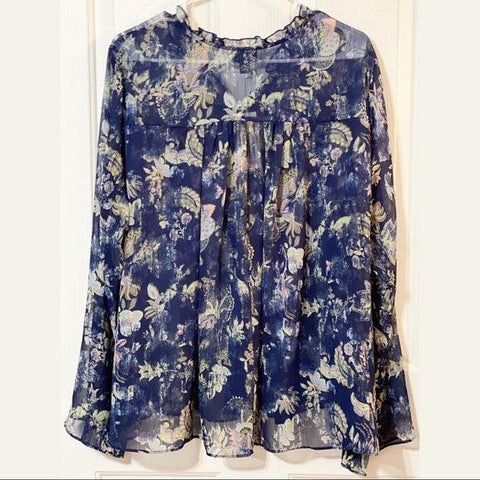 Blue floral v neck long sleeve plus size blouse with ruffle collar and tassel tie in boho multicolor print