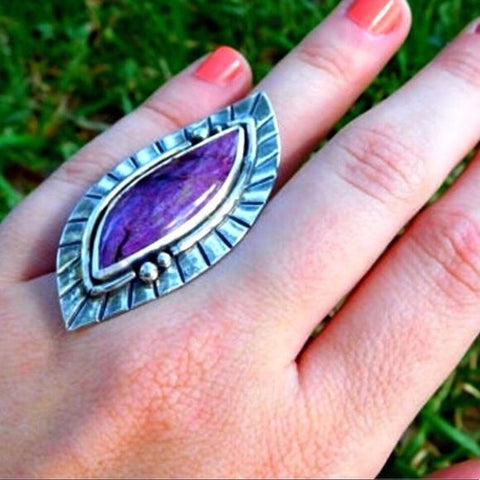 Rare Stichtite Sterling Silver Ring with Marquise Purple Gemstone and Multi Wire Wrap Band, Handmade in USA Boho Western Jewelry