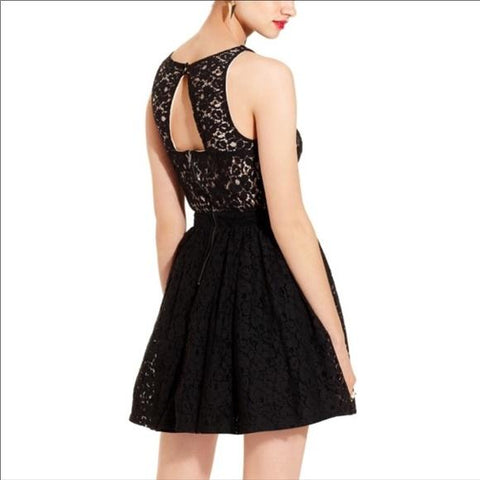 Women's Black Floral Lace Sleeveless Halter Fit Flare Dress
