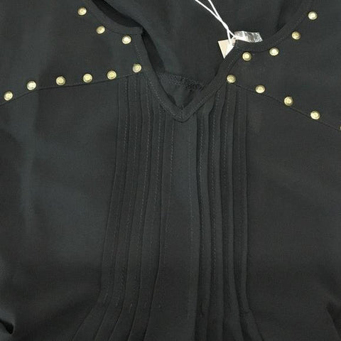 Black Plus V-Neck Studded Short Sleeve Pleated Mesh Blouse- Size 2XL -Wild Time Fashion