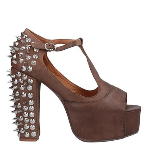 Women's Brown Leather Silver Studded Spikes Heel Mary Janes Platform Size 8 - Jeffrey Campbell