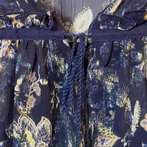 Blue floral v neck long sleeve plus size blouse with ruffle collar and tassel tie in boho multicolor print