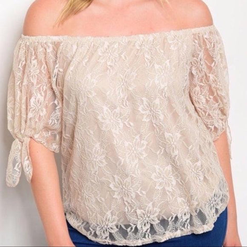 beige floral lace Off-Shoulder Bow Knot Sleeve Bardot Blouse plus size top