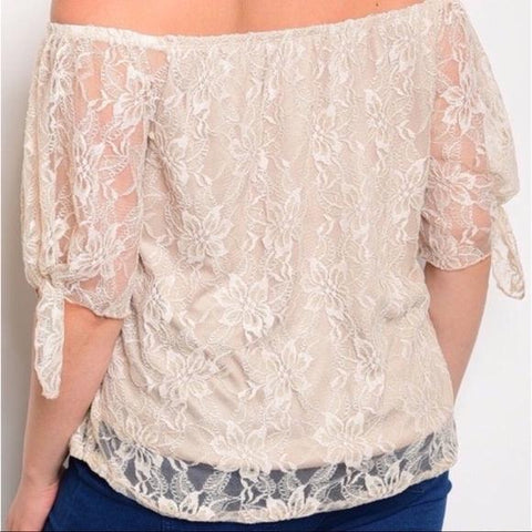 beige floral lace Off-Shoulder Bow Knot Sleeve Bardot Blouse plus size top back view