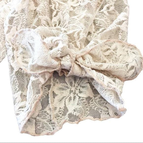 beige floral lace Off-Shoulder Bow Knot Sleeve Bardot Blouse plus size top close up of sleeve bowknot