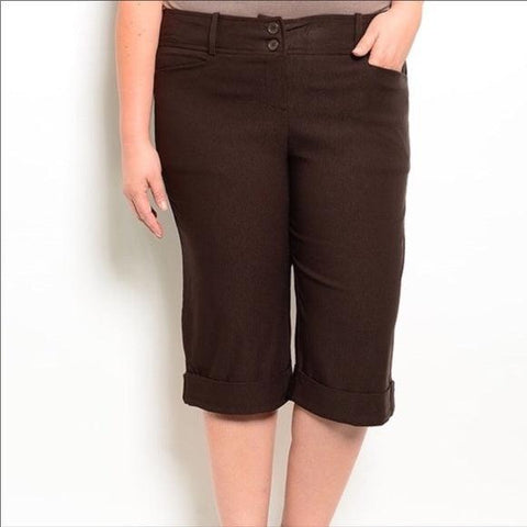 Women's Plus Mid Rise Cropped Brown Capri Pants -2XL -Wild Time Fashion 