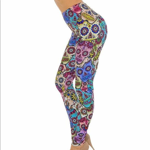 Women's High Waisted Colorful Skulls Leggings Pants - Wild Time Fashion
