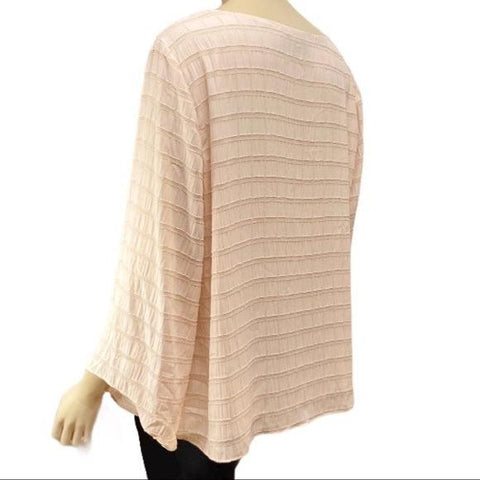 Round Neckline Long Flared Sleeve Textured Silk Pullover Lined Blouse