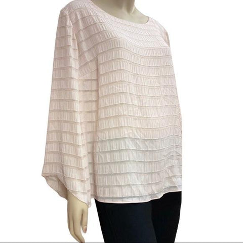 Round Neckline Long Flared Sleeve Textured Silk Pullover Lined Blouse