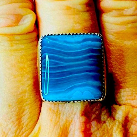 Women's Blue Botswana Agate Sterling Silver Ring Size 8 - Silversmith Custom ring