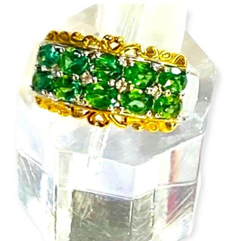 Chrome Diopside White Cambodian Zircon 14K Gold Platinum Double Row Statement Ring