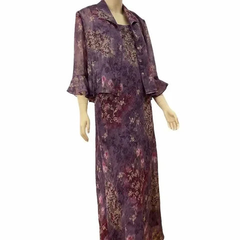 Round Neckline Maxi Dress, Sleeveless, Lined with a Matching Blouse Semi-Sheer Button Down, 3/4" Tulip Sleeve Corset Back Panel Summer Dress Set Purple Floral Print -Medium- Wild Time Fashion