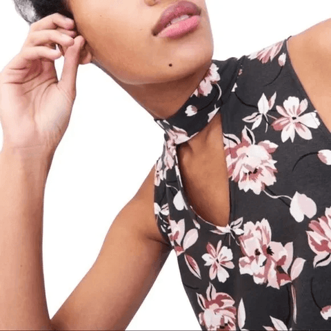 Women's Sleeveless Choker Neck Summer Halter Dress Black Base Pink Floral Print- Medium or Large - Aeropostale