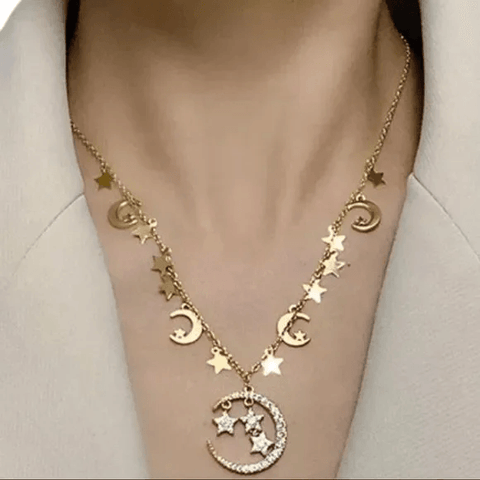 Women's Gold Glittery Celestial Stars and Moons Charming Necklace