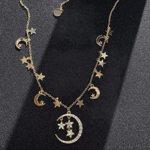 Gold Glittery Celestial Stars and Moons Charming Necklace - Wild Time Fashion
